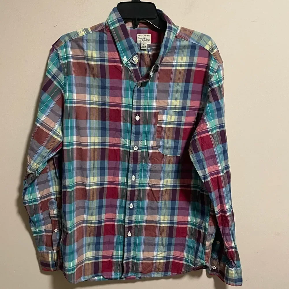 J Crew Shirt Blue Plaid Woven Indian Madras Button Down Long Sleeve- Size Large